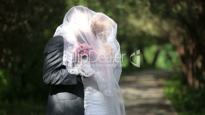 groom kissing bride under veil on  park alley
