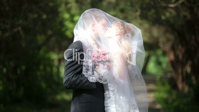 groom kissing bride under veil on  park alley