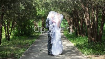 groom kissing bride under veil on  park alley