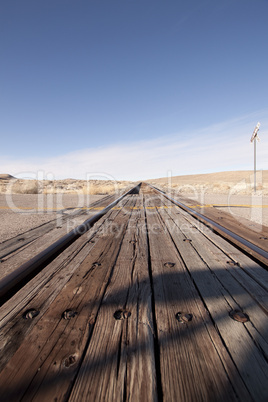 Steel railroad tracks for a train. landscape transportation trac