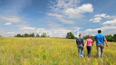 Happy family walking in the summer field