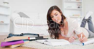 Young brunette woman writing on a notebook while lying on a carp