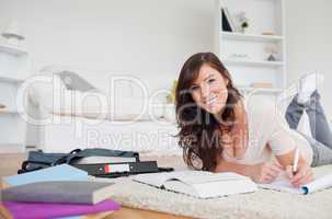 Young attractive woman writing on a notebook while lying on a ca