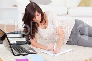 Young attractive woman relaxing with her laptop while writing on