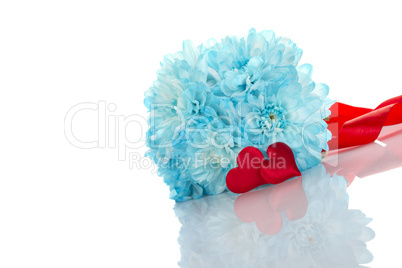 Blue chrysanthemums with two red hearts