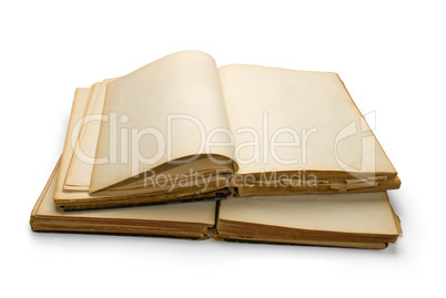 Open ancient book with blank pages, isolated on white background
