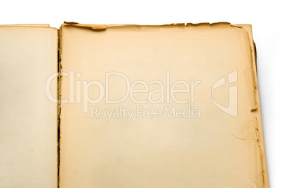 Open ancient book with blank pages, isolated on white background
