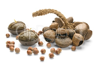 Still-life, Ethnic Musical Instrument, nuts and Candles, isolate