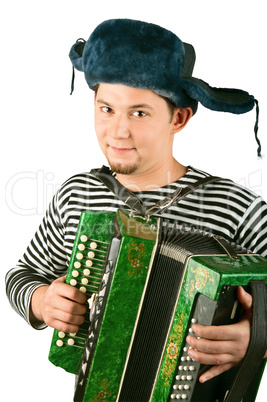 Russian man with accordion, isolated on white background