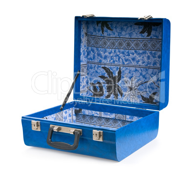 Open blue suitcase, isolated on white background
