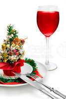 glass of red wine and Christmas decoration, isolated on white ba
