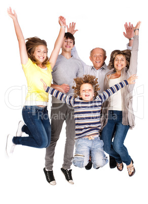 Happy family jumping high