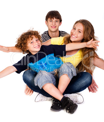 Mother and children over white background