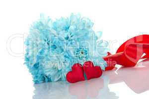 Blue chrysanthemums with two red hearts