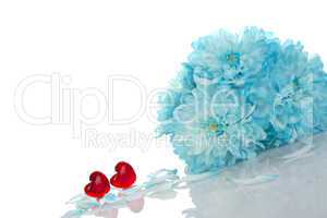 Blue chrysanthemums with two red hearts