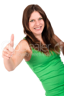Young beautiful woman with green top showing thumbs up