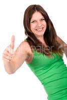 Young beautiful woman with green top showing thumbs up