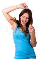 Beautiful young woman dancing in a blue dress