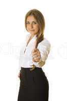 Young business woman showing thumb up