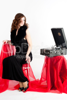 Beautiful woman with gramophone,