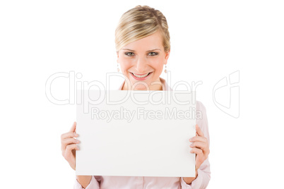 Businesswoman hold empty banner in front