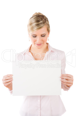 Businesswoman hold empty banner in front