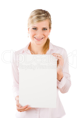 Businesswoman hold empty banner in front