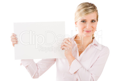 Happy businesswoman hold aside empty white banner