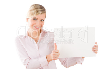 Happy businesswoman hold empty banner thumbs up