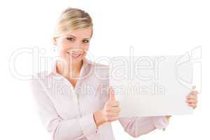 Happy businesswoman hold empty banner thumbs up