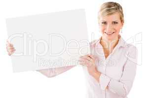 Happy businesswoman hold aside empty banner