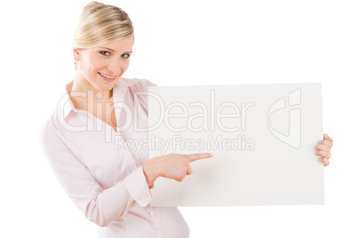 Businesswoman pointing aside at white banner