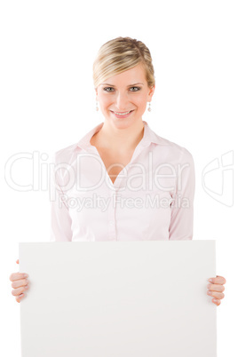 Businesswoman hold empty banner in front