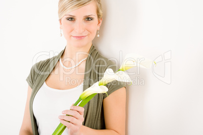 Romantic woman hold calla lily flower purity