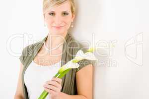 Romantic woman hold calla lily flower purity