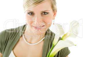 Portrait romantic woman hold calla lily flower