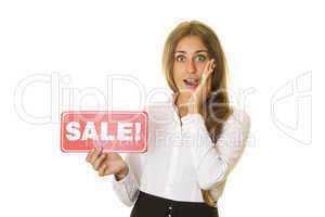 Businesswoman holding sale card