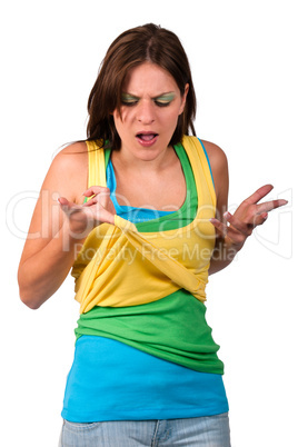 Young woman angry about her clothes