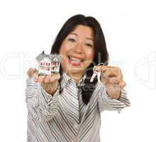 Attractive Multiethnic Woman Holding Small House and Keys