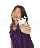Multiethnic Woman Holding Small Blank Real Estate Sign in Hand