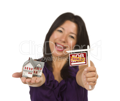 Multiethnic Woman Holding Small Sold For Sale Real Estate Sign a