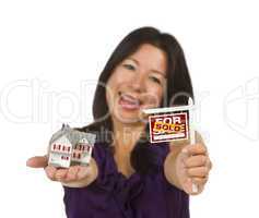 Multiethnic Woman Holding Small Sold For Sale Real Estate Sign a