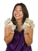 Excited Multiethnic Woman Holding Hundreds of Dollars