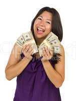 Excited Multiethnic Woman Holding Hundreds of Dollars