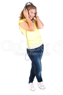 Cheerful caucasian woman listening and enjoying music