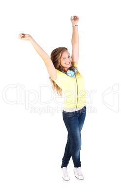 Portrait of a happy young woman enjoying music