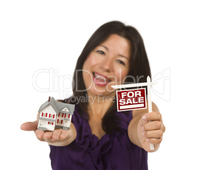 Multiethnic Woman Holding Small For Sale Real Estate Sign and Ho