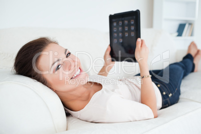 Close up of a beautiful woman using a tablet