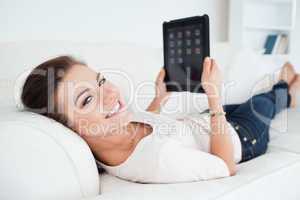 Close up of a beautiful woman using a tablet