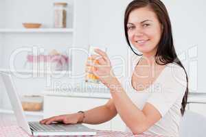 Close up of a brunette using her laptop and drinking juice